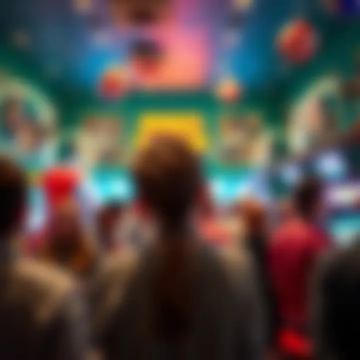 A vibrant bingo hall atmosphere with excited players