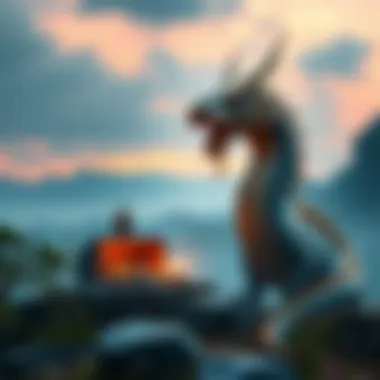 A serene landscape with a dragon guarding a treasure