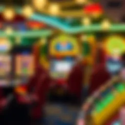 Vibrant illustration of various fruit symbols in a lively casino environment