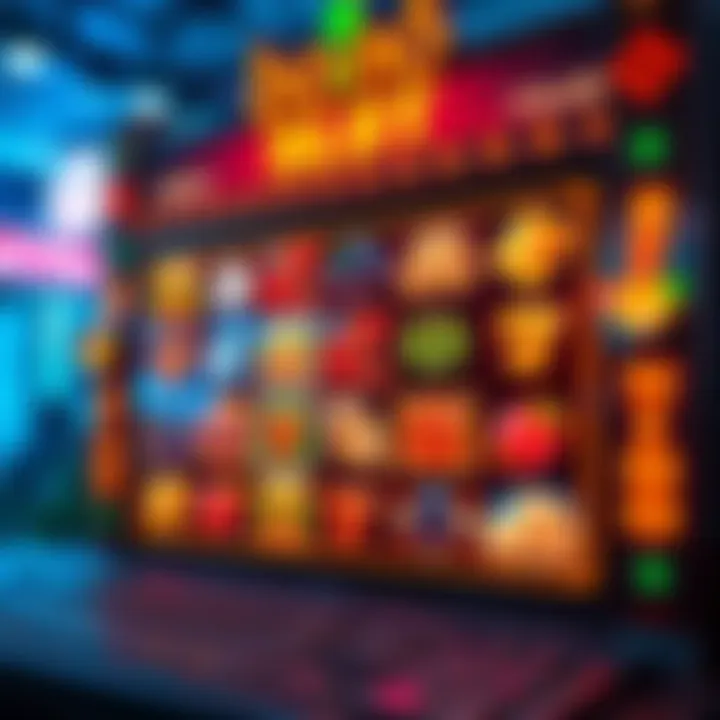 A vibrant online slot game interface showcasing various symbols and themes