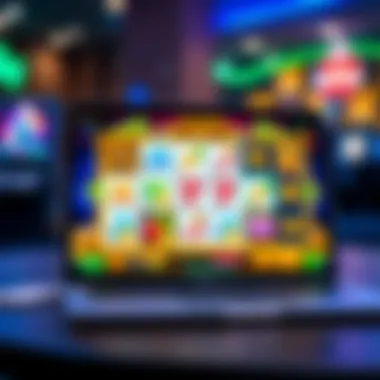 A laptop displaying an online slot game interface with engaging visuals