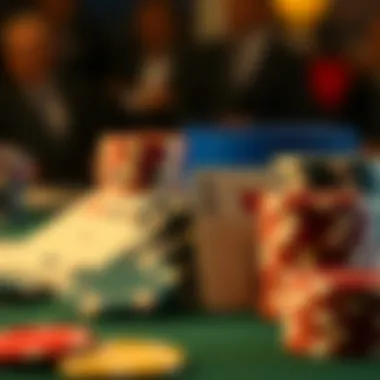 Close-up of poker chips and cards symbolizing high stakes